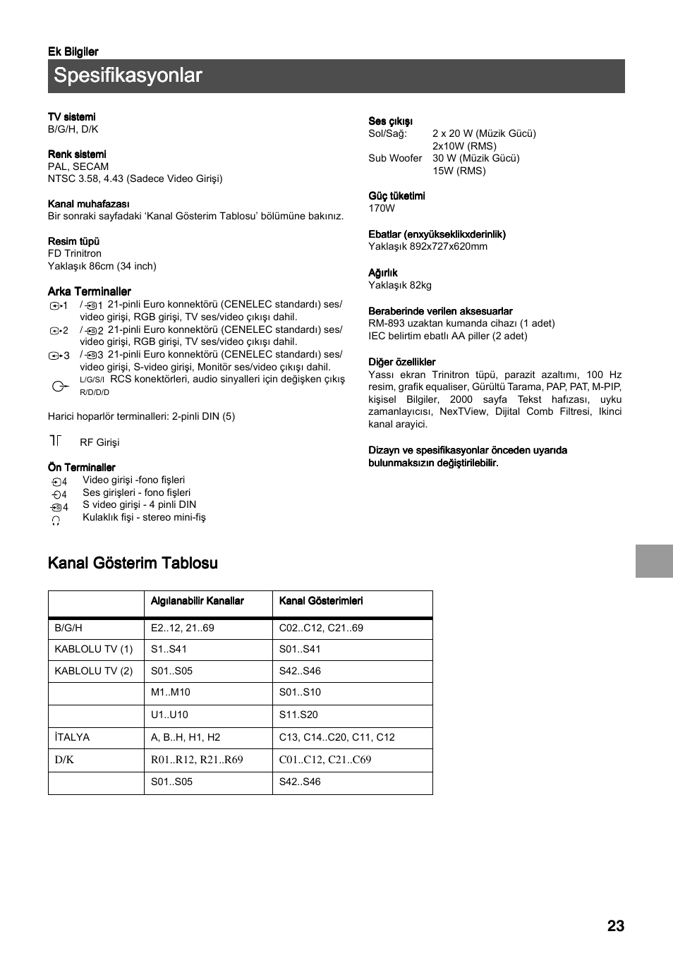 Spesifikasyonlar, Kanal gösterim tablosu | Sony FD Trinitron KV-34FQ75 D User Manual | Page 131 / 160