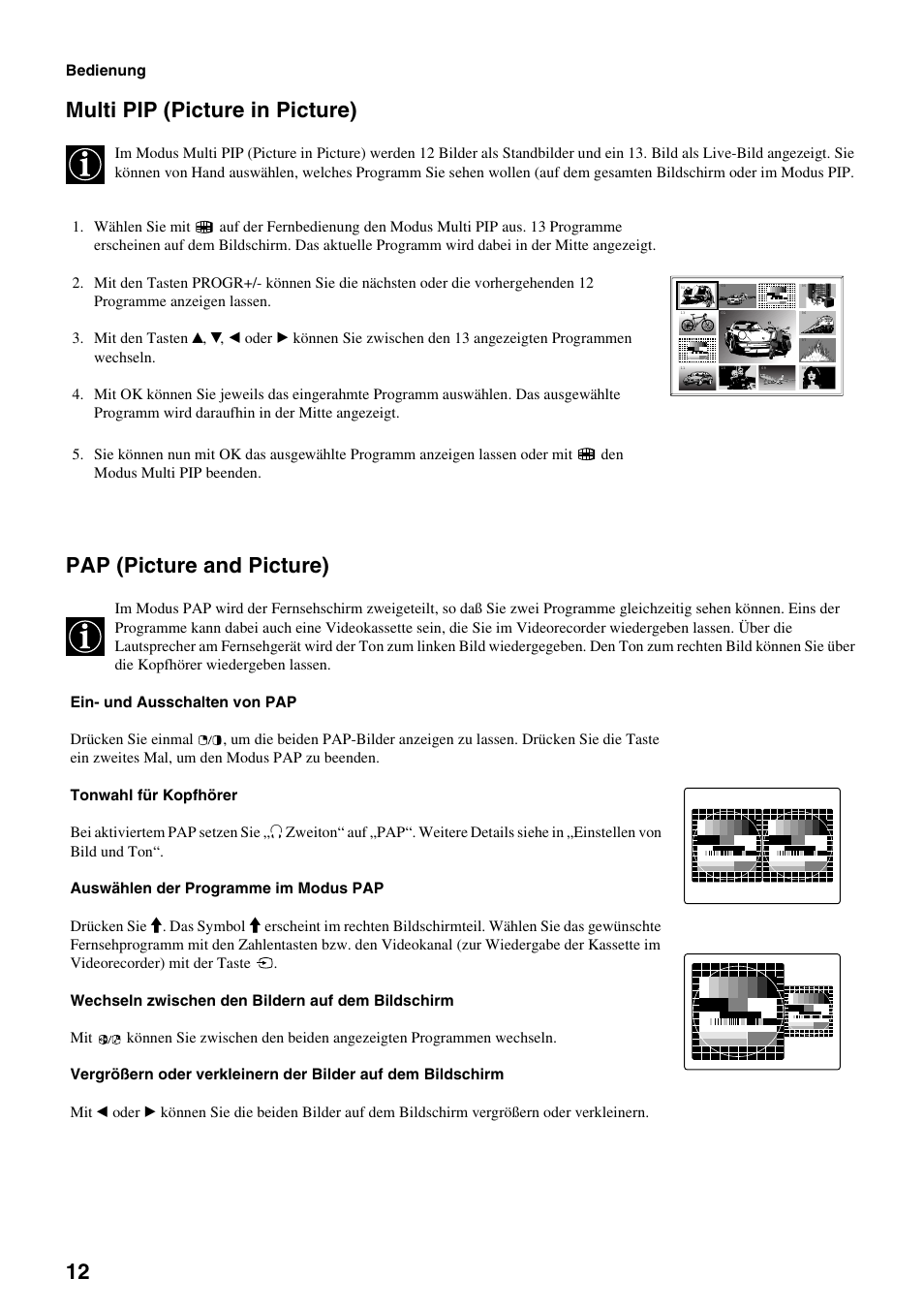 Multi pip (picture in picture), Pap (picture and picture) | Sony FD Trinitron KV-34FQ75 D User Manual | Page 16 / 160