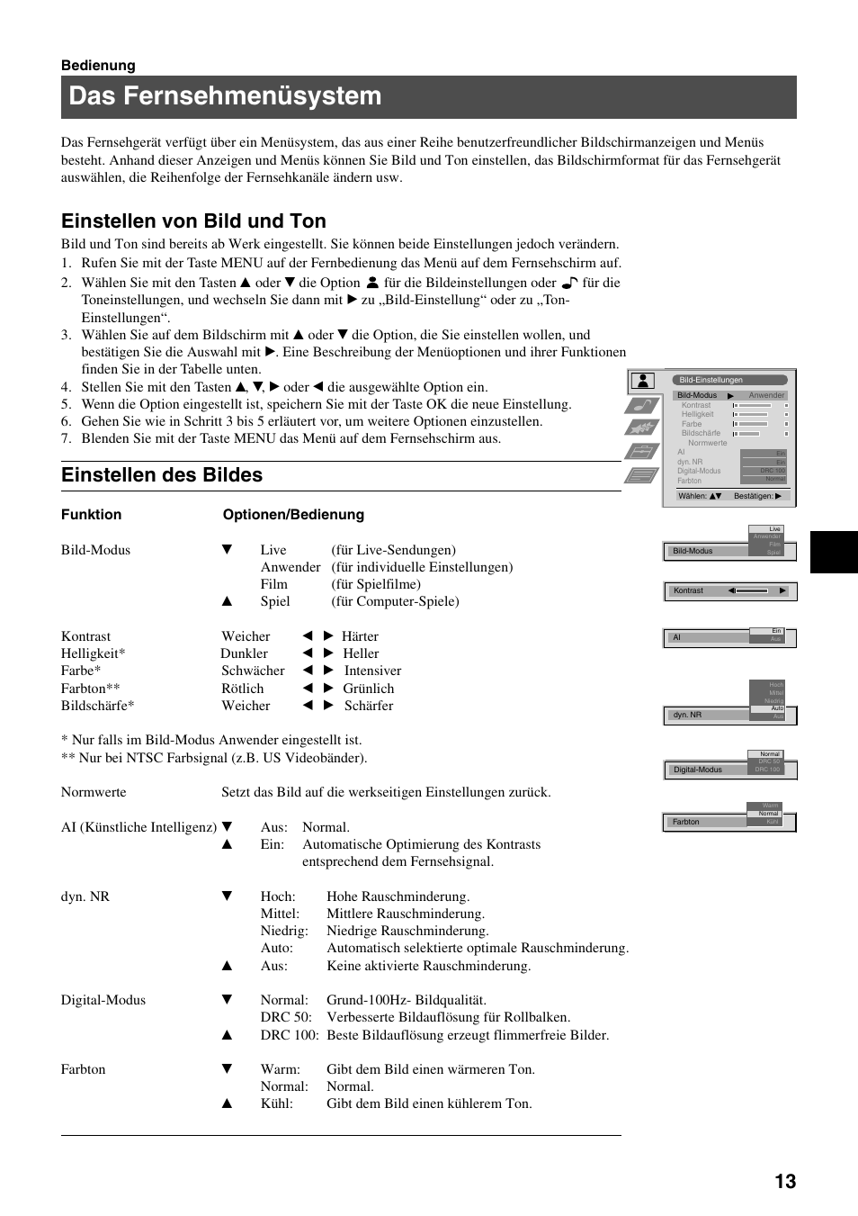 Das fernsehmenüsystem, Einstellen von bild und ton, Einstellen des bildes | Sony FD Trinitron KV-34FQ75 D User Manual | Page 17 / 160