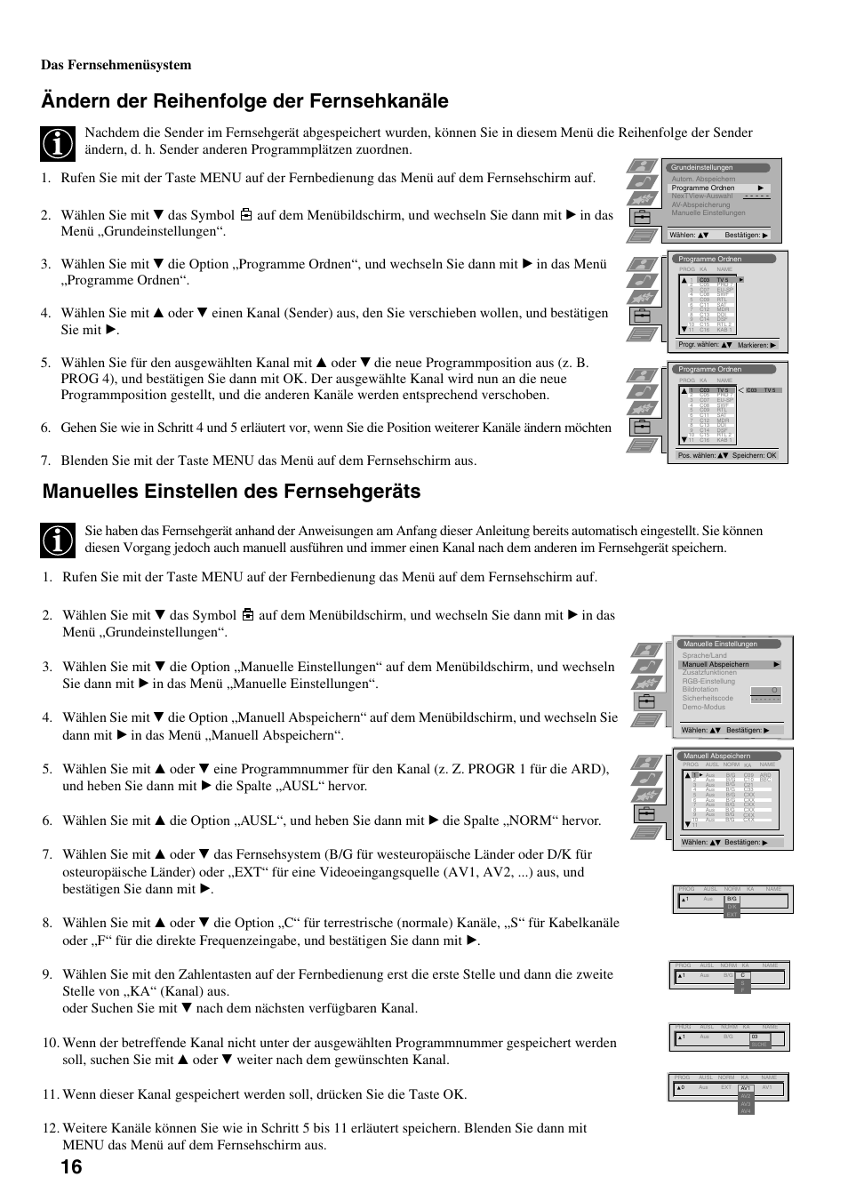 Ändern der reihenfolge der fernsehkanäle, Manuelles einstellen des fernsehgeräts, Das fernsehmenüsystem | Sony FD Trinitron KV-34FQ75 D User Manual | Page 20 / 160