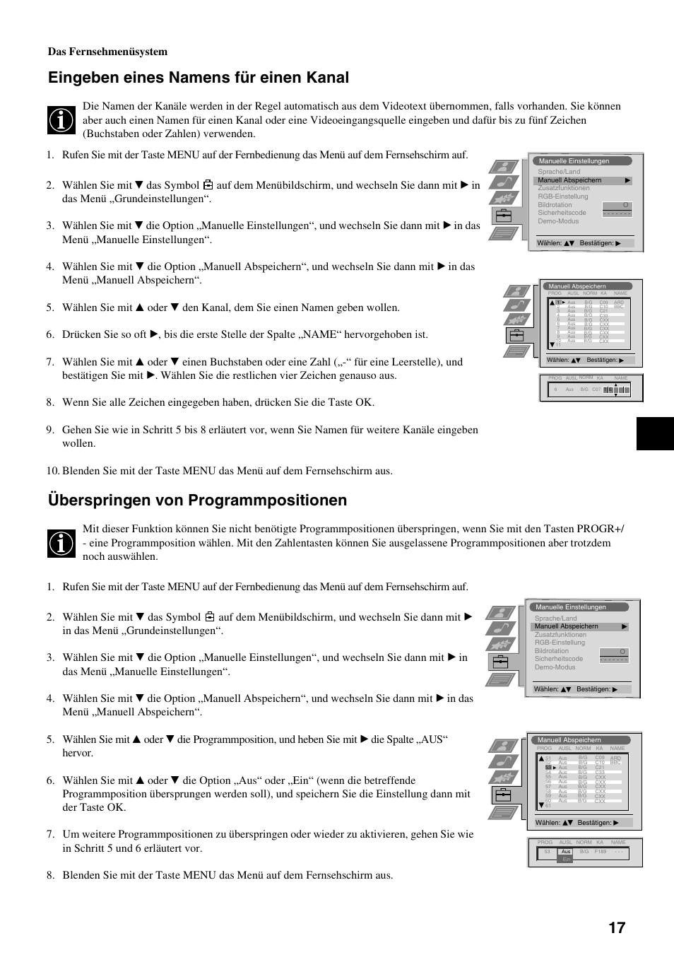 Eingeben eines namens für einen kanal, Überspringen von programmpositionen, Das fernsehmenüsystem | Sony FD Trinitron KV-34FQ75 D User Manual | Page 21 / 160