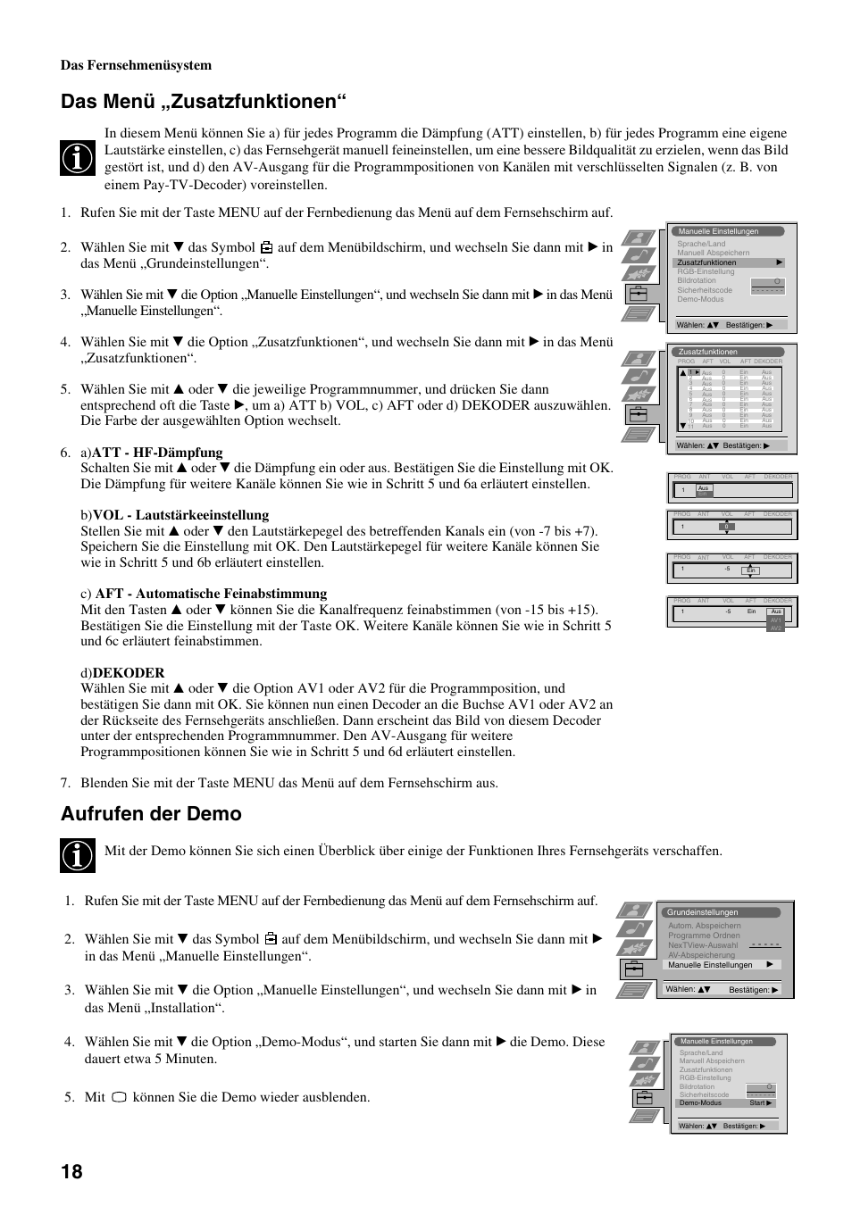 Das menü „zusatzfunktionen, Aufrufen der demo, Das fernsehmenüsystem | Sony FD Trinitron KV-34FQ75 D User Manual | Page 22 / 160