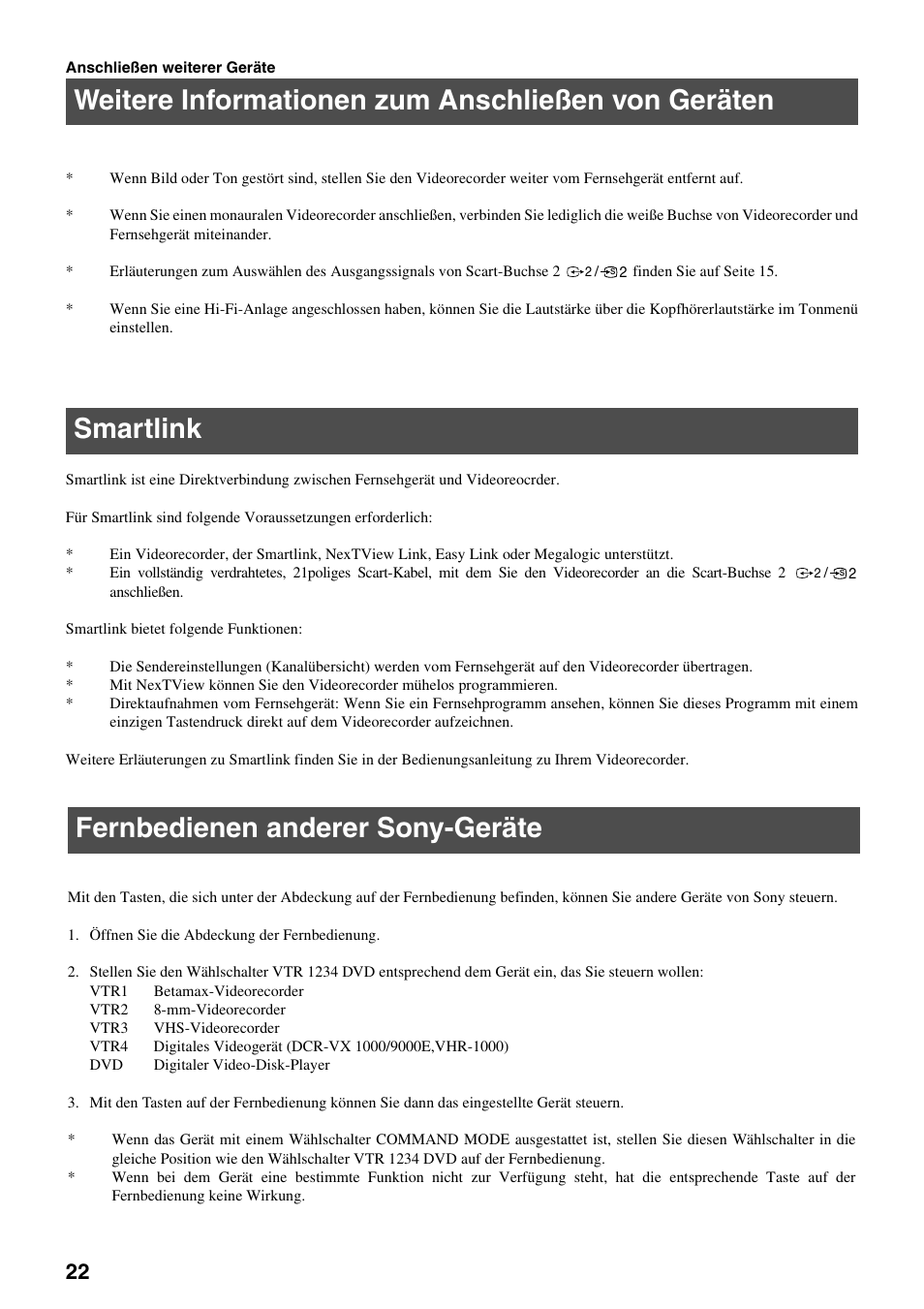 Weitere informationen zum anschließen von geräten, Smartlink, Fernbedienen anderer sony-geräte | Sony FD Trinitron KV-34FQ75 D User Manual | Page 26 / 160