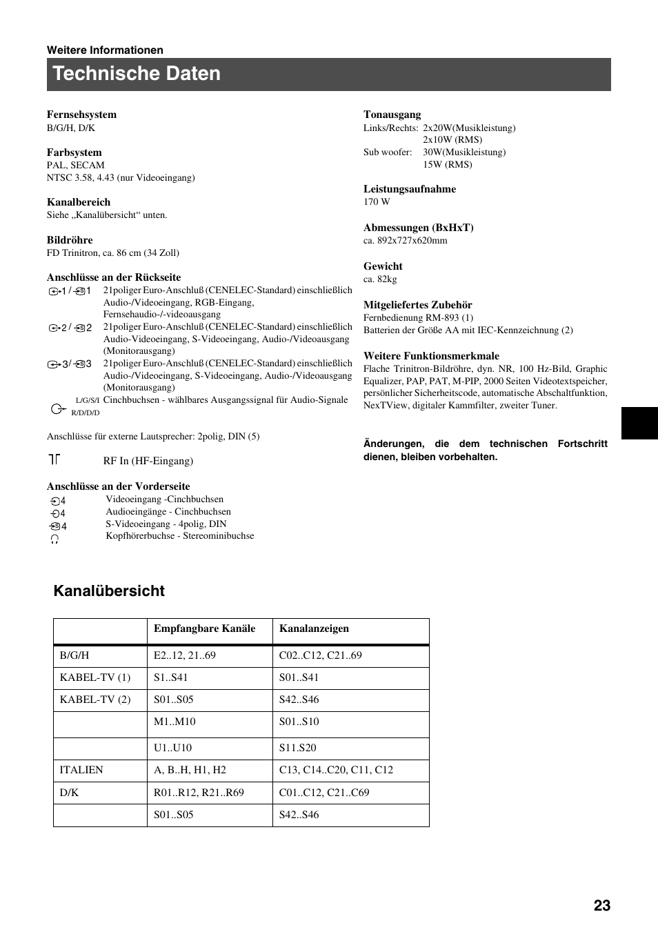Technische daten, Kanalübersicht | Sony FD Trinitron KV-34FQ75 D User Manual | Page 27 / 160