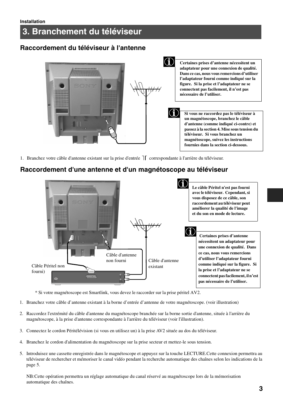 Branchement du téléviseur | Sony FD Trinitron KV-34FQ75 D User Manual | Page 33 / 160