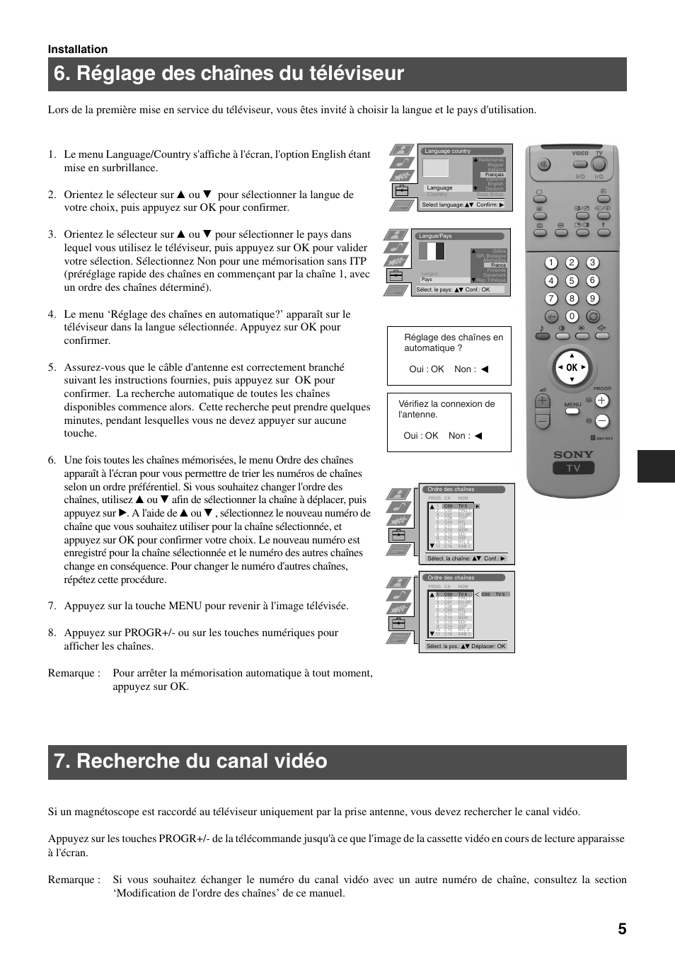 Réglage des chaînes du téléviseur, Recherche du canal vidéo | Sony FD Trinitron KV-34FQ75 D User Manual | Page 35 / 160