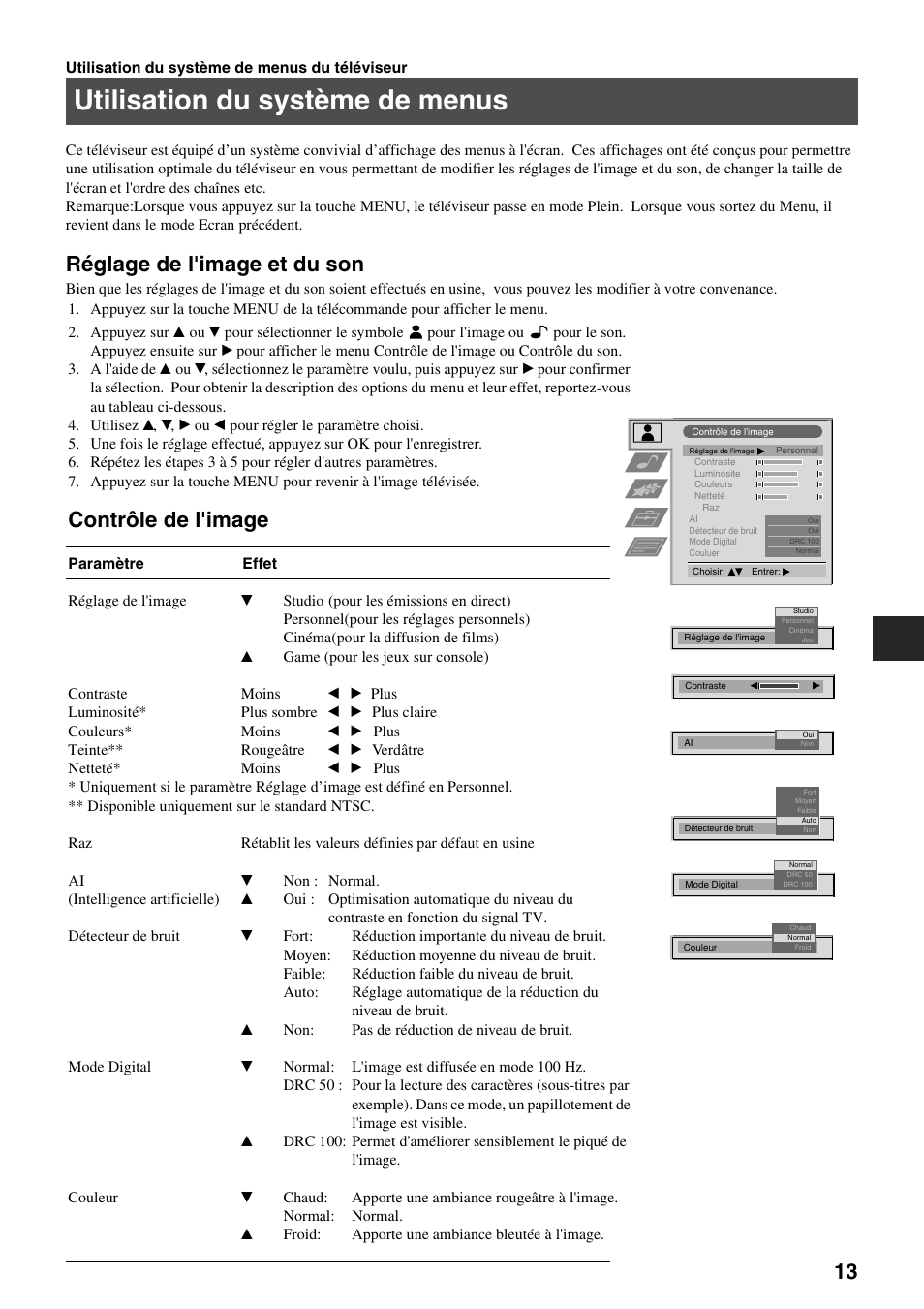 Utilisation du système de menus, Réglage de l'image et du son, Contrôle de l'image | Sony FD Trinitron KV-34FQ75 D User Manual | Page 43 / 160