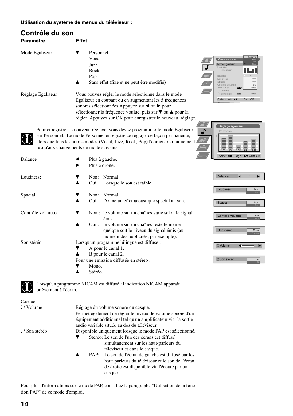 Contrôle du son | Sony FD Trinitron KV-34FQ75 D User Manual | Page 44 / 160