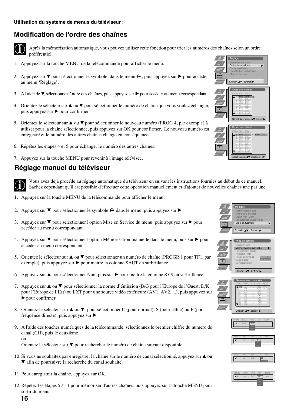 Modification de l'ordre des chaînes, Réglage manuel du téléviseur, Utilisation du système de menus du téléviseur | Sony FD Trinitron KV-34FQ75 D User Manual | Page 46 / 160