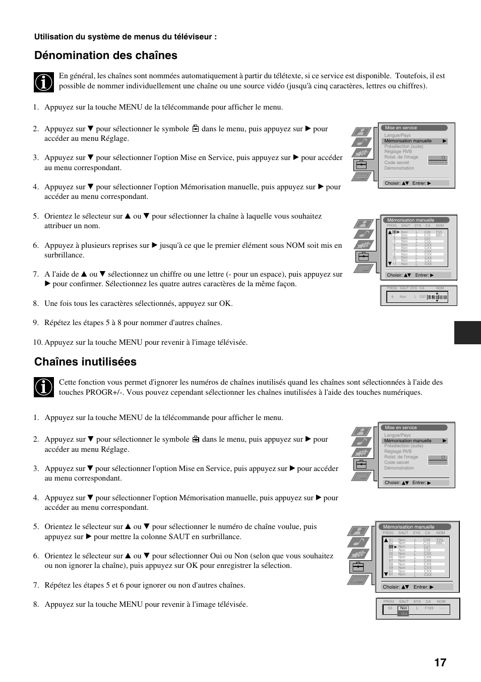 Dénomination des chaînes, Chaînes inutilisées, Utilisation du système de menus du téléviseur | Sony FD Trinitron KV-34FQ75 D User Manual | Page 47 / 160