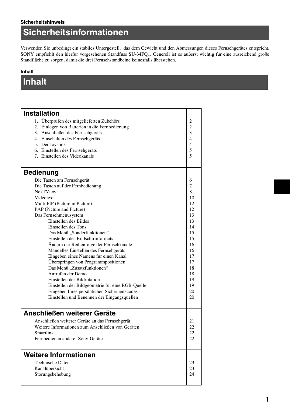 Sicherheitsinformationen, Inhalt, Installation | Bedienung, Anschließen weiterer geräte, Weitere informationen | Sony FD Trinitron KV-34FQ75 D User Manual | Page 5 / 160