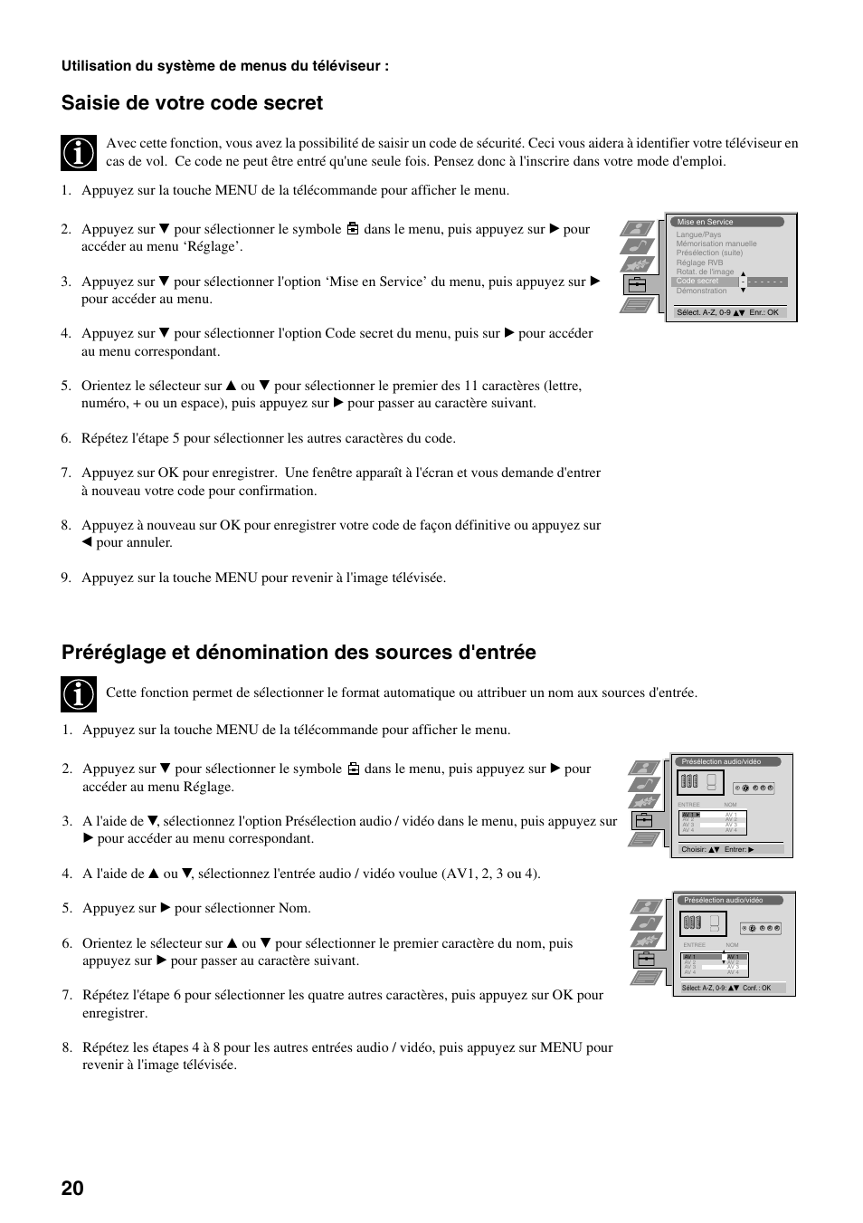 Saisie de votre code secret, Préréglage et dénomination des sources d'entrée | Sony FD Trinitron KV-34FQ75 D User Manual | Page 50 / 160