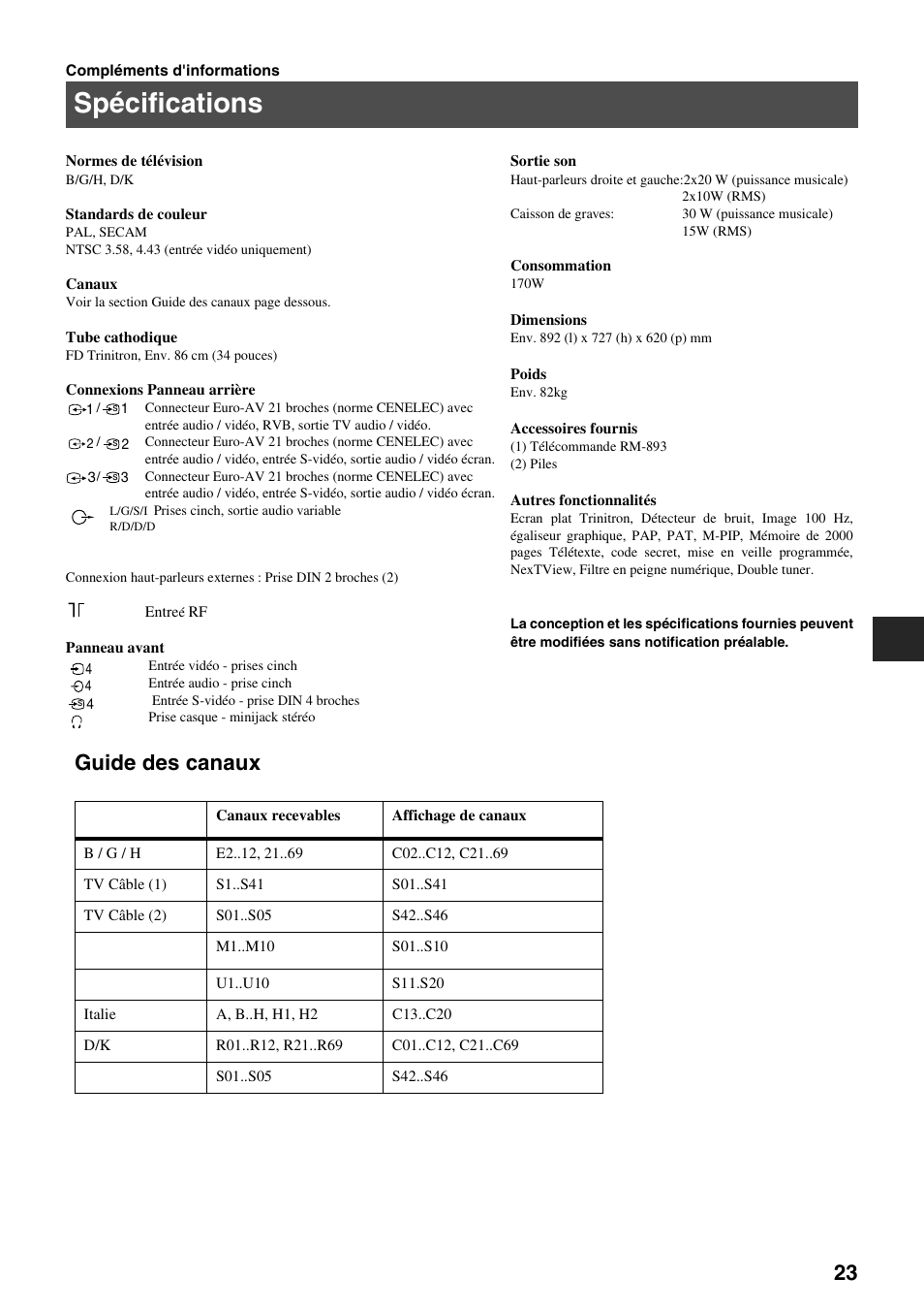 Spécifications, Guide des canaux | Sony FD Trinitron KV-34FQ75 D User Manual | Page 53 / 160