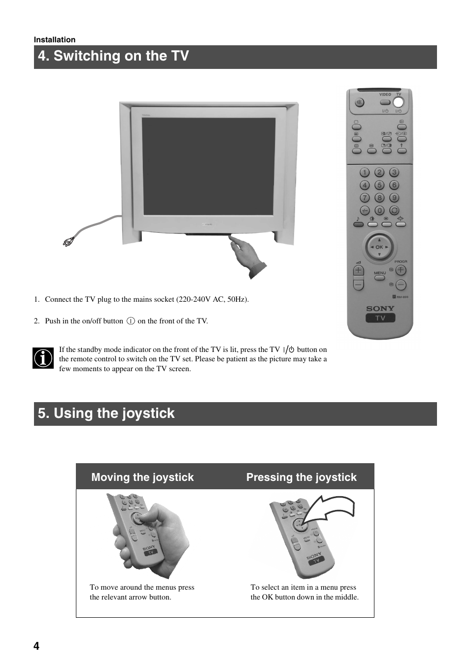 Switching on the tv 5. using the joystick | Sony FD Trinitron KV-34FQ75 D User Manual | Page 60 / 160