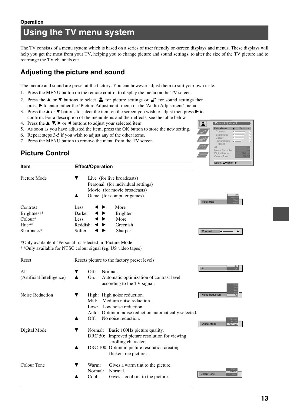Using the tv menu system, Adjusting the picture and sound, Picture control | Sony FD Trinitron KV-34FQ75 D User Manual | Page 69 / 160