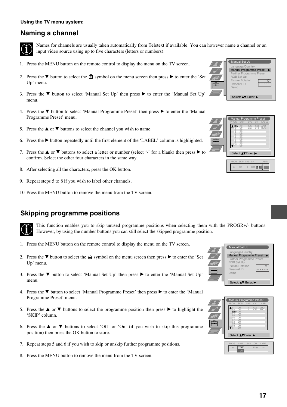 Naming a channel, Skipping programme positions, Using the tv menu system | Sony FD Trinitron KV-34FQ75 D User Manual | Page 73 / 160