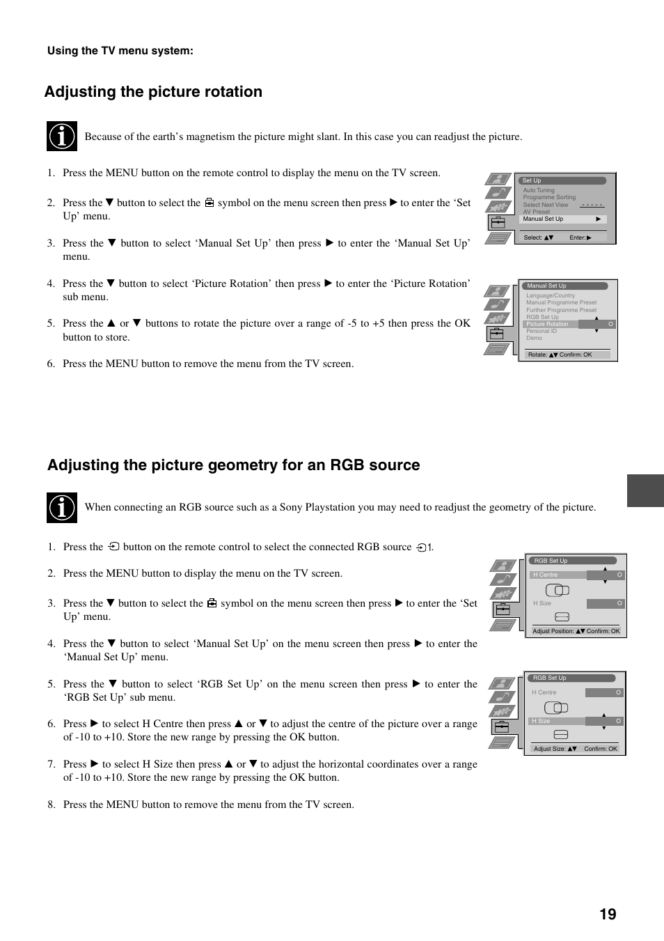 Adjusting the picture geometry for an rgb source, Adjusting the picture rotation | Sony FD Trinitron KV-34FQ75 D User Manual | Page 75 / 160