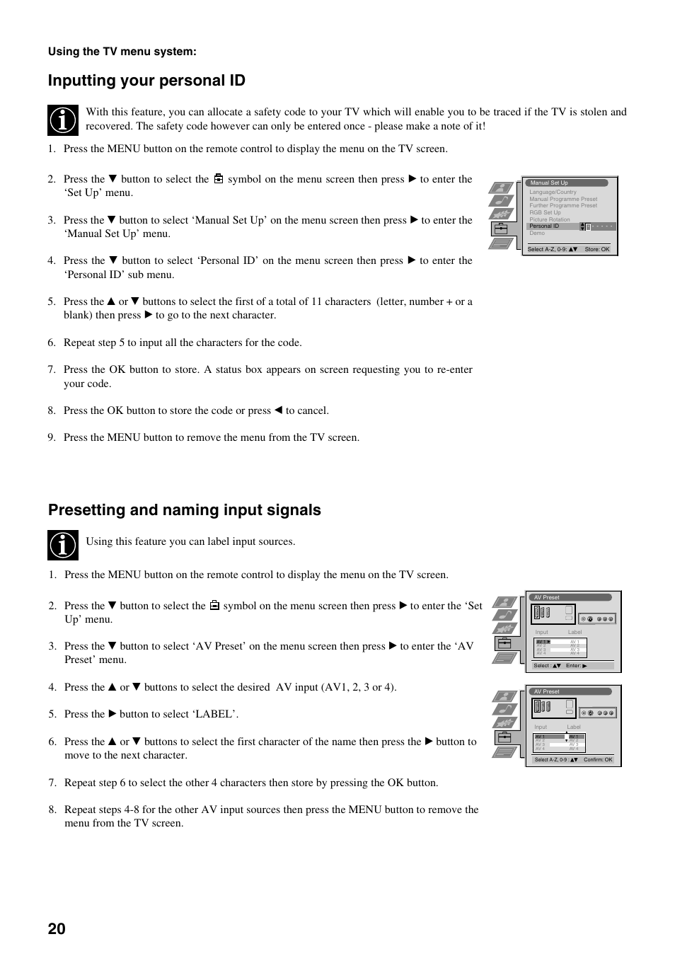 Inputting your personal id, Presetting and naming input signals | Sony FD Trinitron KV-34FQ75 D User Manual | Page 76 / 160