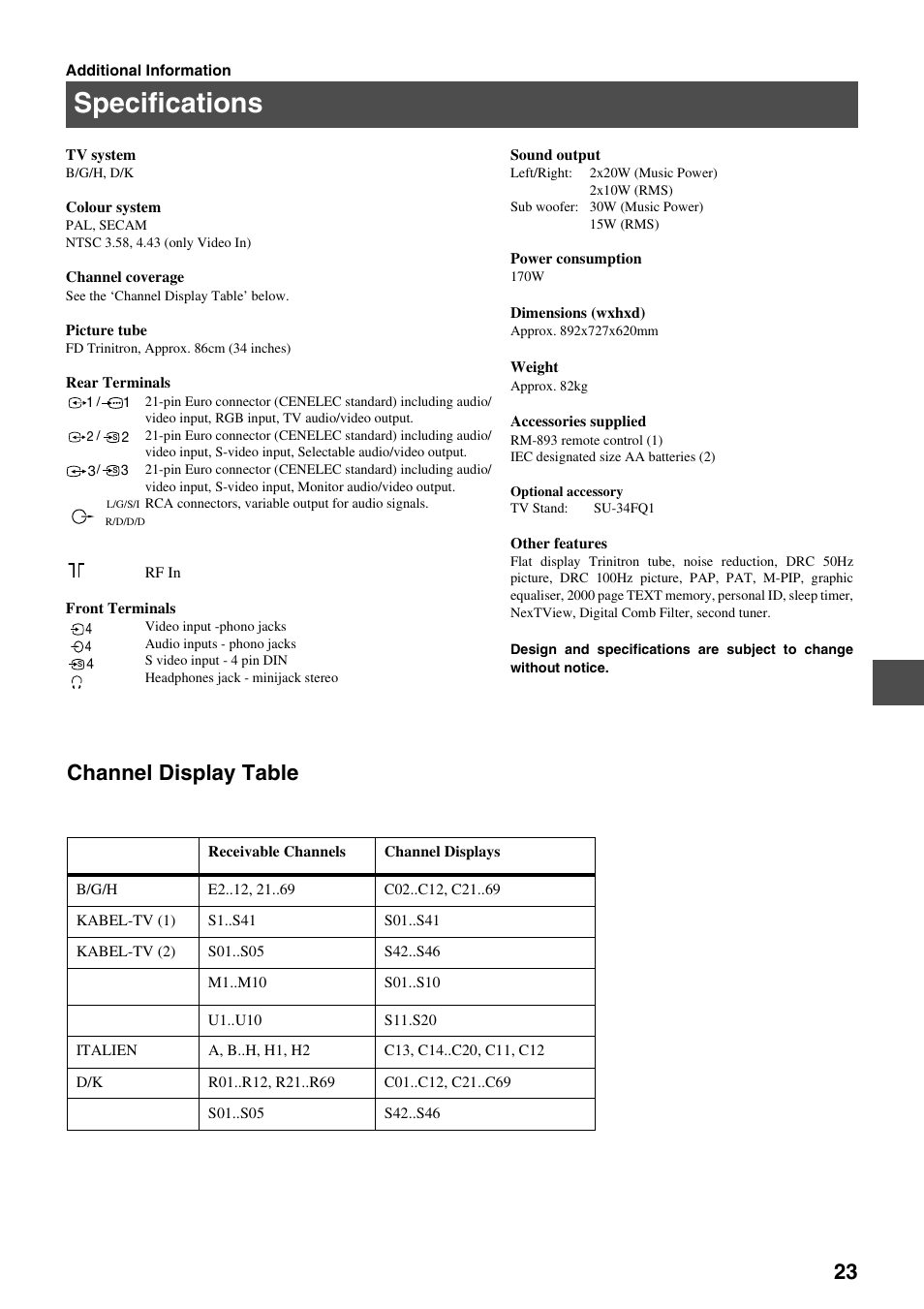Specifications, Channel display table | Sony FD Trinitron KV-34FQ75 D User Manual | Page 79 / 160