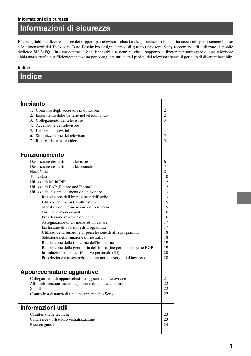 Informazioni di sicurezza, Indice, Impianto | Funzionamento, Apparecchiature aggiuntive, Informazioni utili | Sony FD Trinitron KV-34FQ75 D User Manual | Page 83 / 160