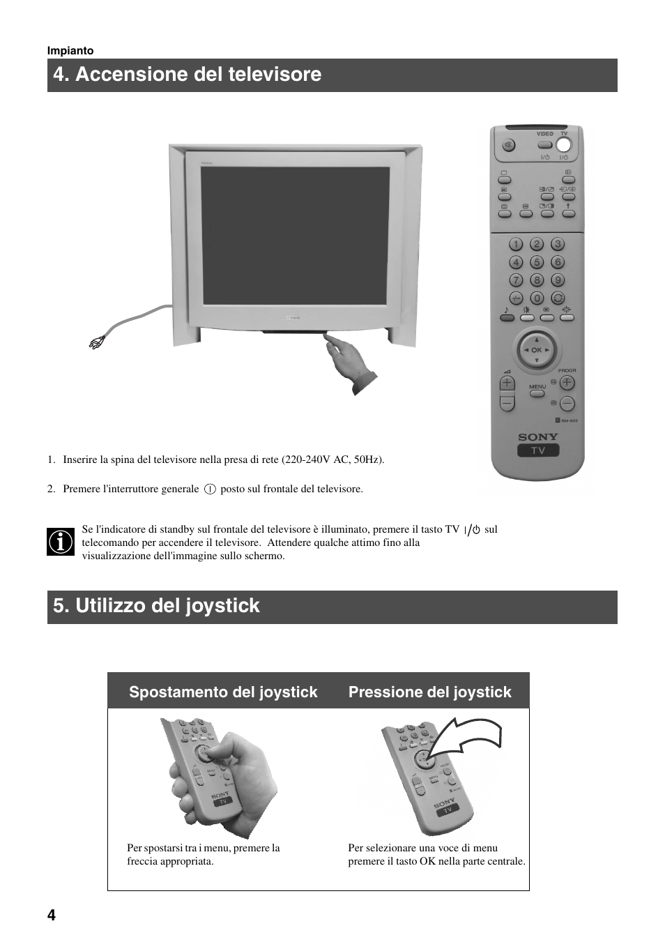 Accensione del televisore 5. utilizzo del joystick | Sony FD Trinitron KV-34FQ75 D User Manual | Page 86 / 160