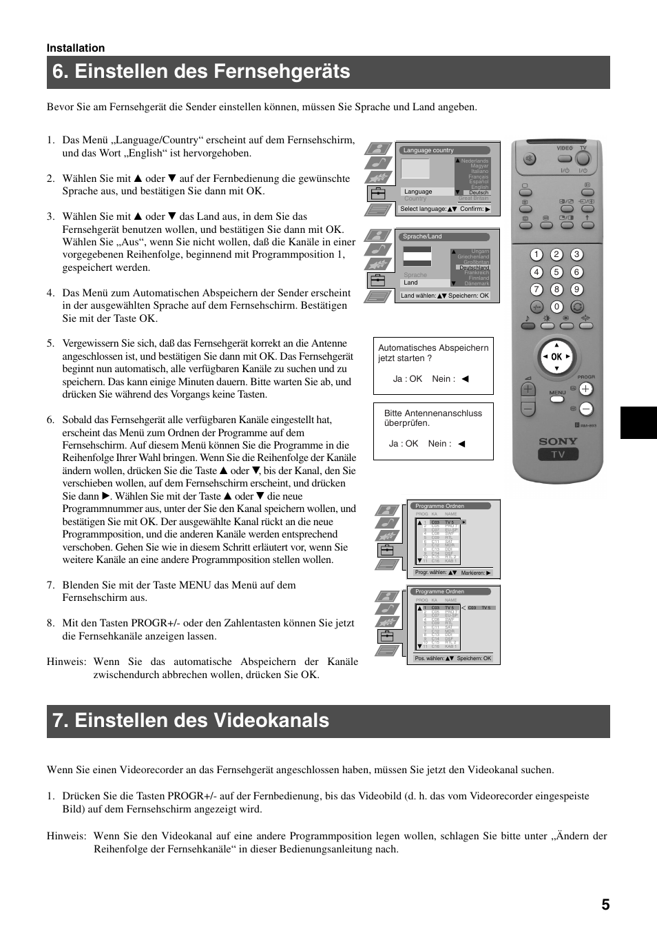 Einstellen des fernsehgeräts, Einstellen des videokanals | Sony FD Trinitron KV-34FQ75 D User Manual | Page 9 / 160