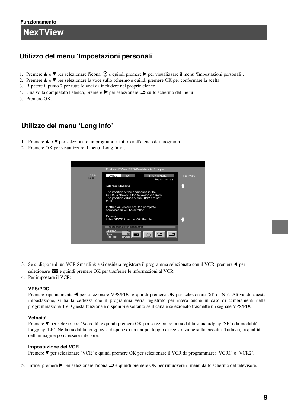 Nextview, 9utilizzo del menu ‘impostazioni personali, Utilizzo del menu ‘long info | Sony FD Trinitron KV-34FQ75 D User Manual | Page 91 / 160