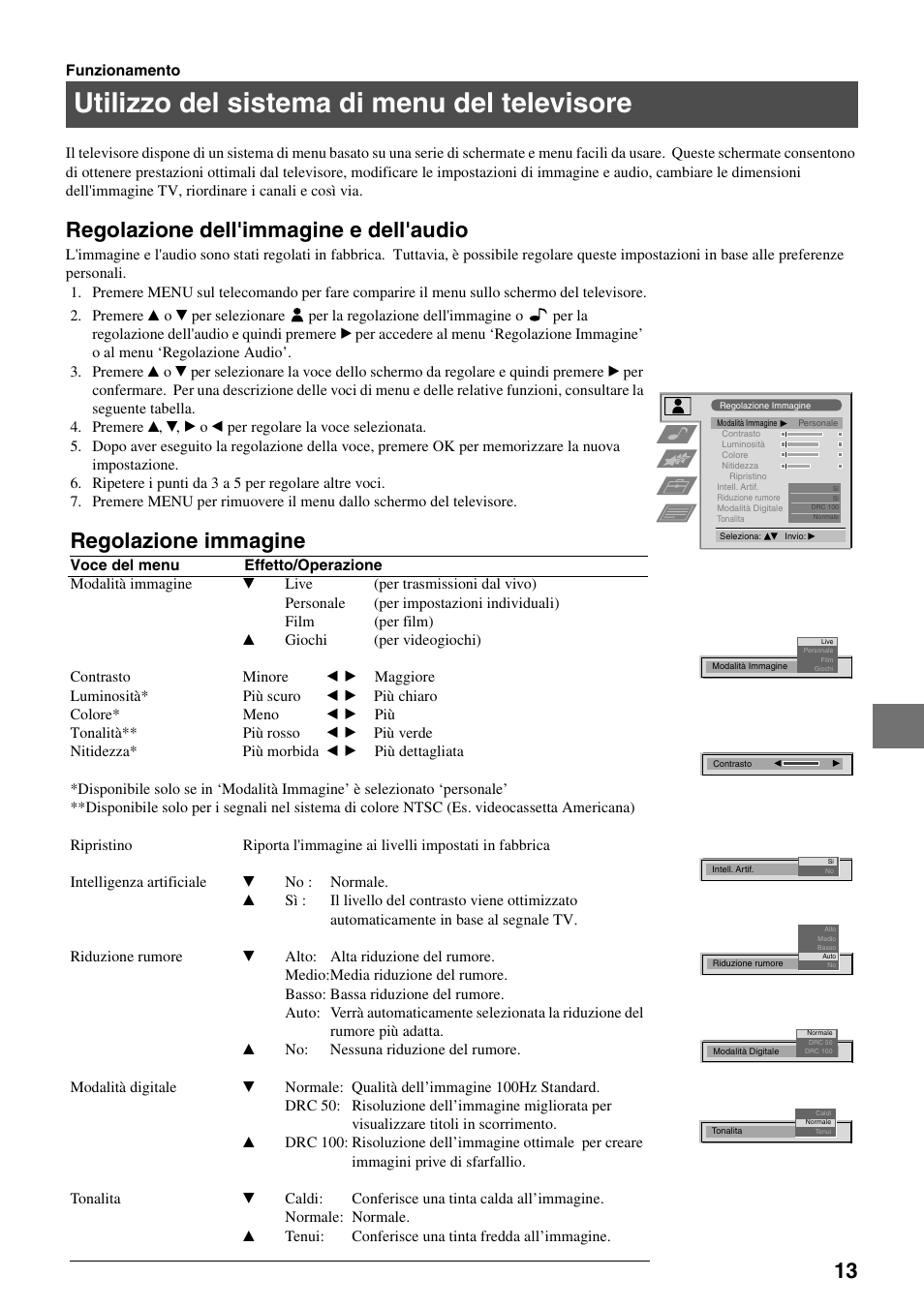 Utilizzo del sistema di menu del televisore, Regolazione dell'immagine e dell'audio, Regolazione immagine | Sony FD Trinitron KV-34FQ75 D User Manual | Page 95 / 160