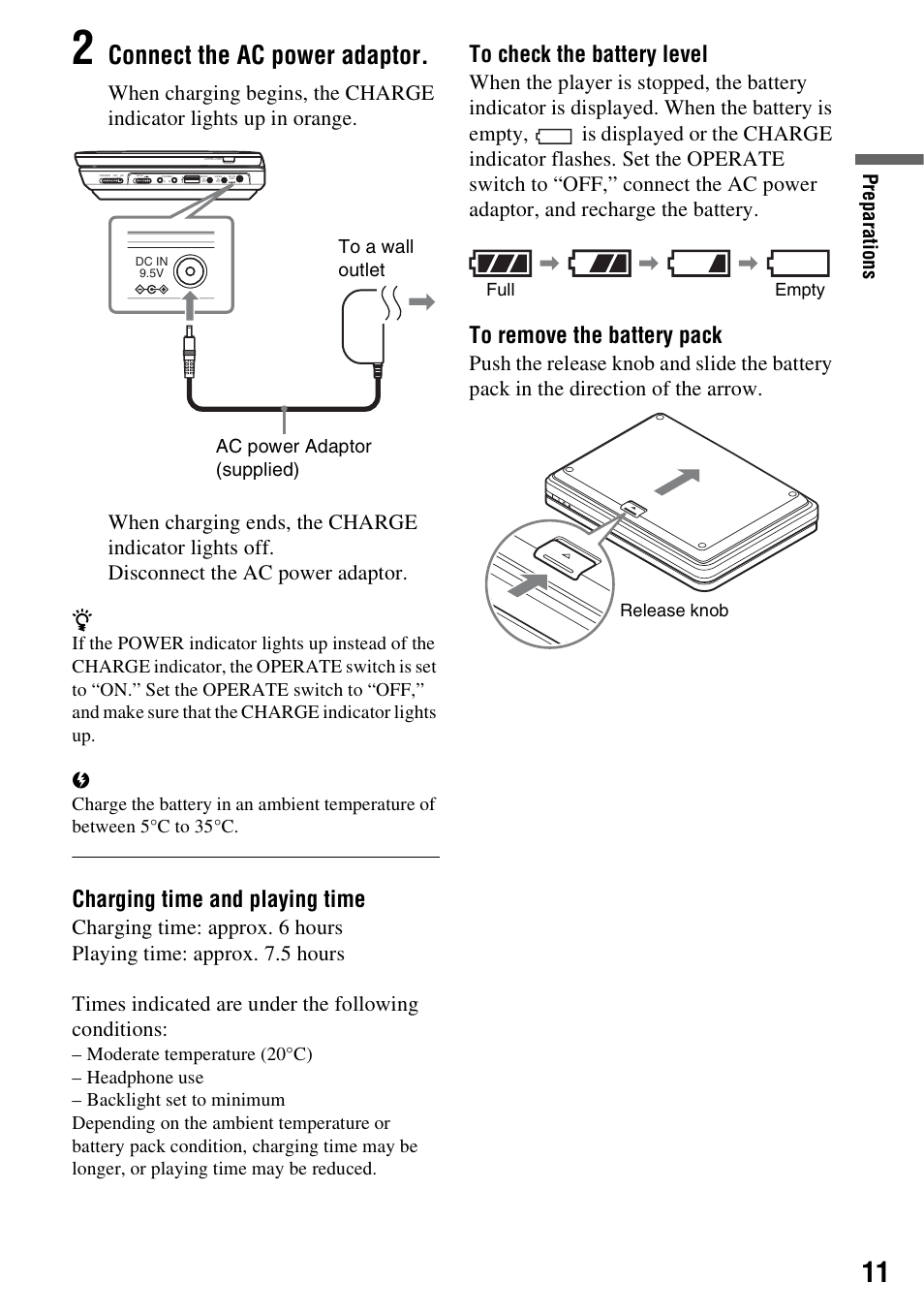 Connect the ac power adaptor, Charging time and playing time, Prep arat io ns | Ac power adaptor (supplied) to a wall outlet, Full empty release knob | Sony DVP-FX950 User Manual | Page 11 / 36