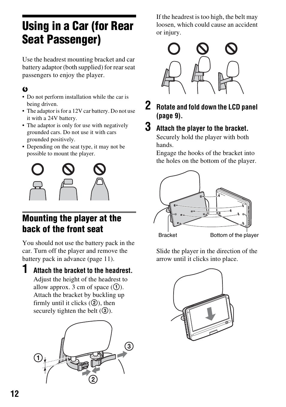 Using in a car (for rear seat passenger), Mounting the player at the back of the front seat | Sony DVP-FX950 User Manual | Page 12 / 36