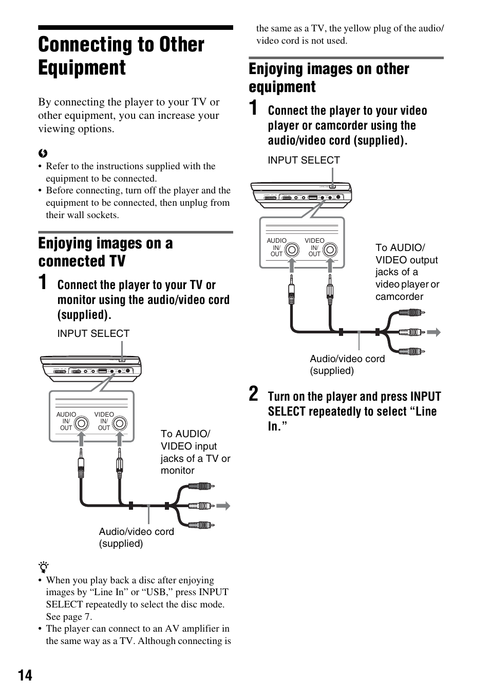 Connecting to other equipment, Enjoying images on a connected tv, Enjoying images on other equipment | Sony DVP-FX950 User Manual | Page 14 / 36