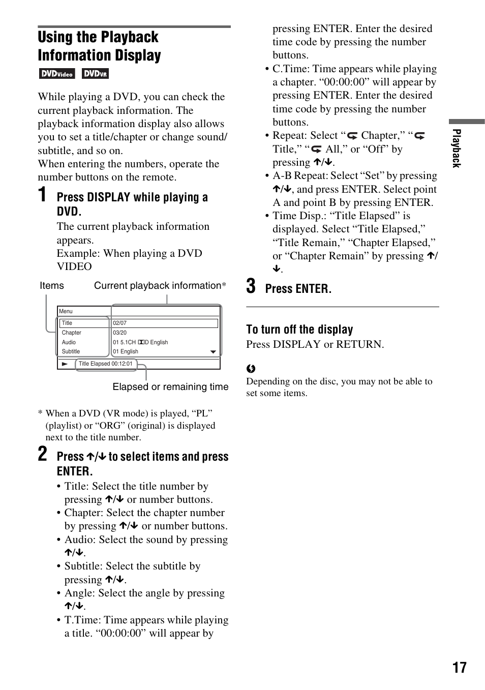 Using the playback information display | Sony DVP-FX950 User Manual | Page 17 / 36