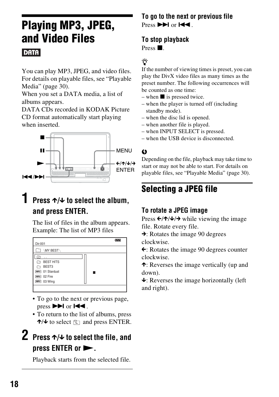 Playing mp3, jpeg, and video files, Selecting a jpeg file, Press x / x to select the album, and press enter | Sony DVP-FX950 User Manual | Page 18 / 36