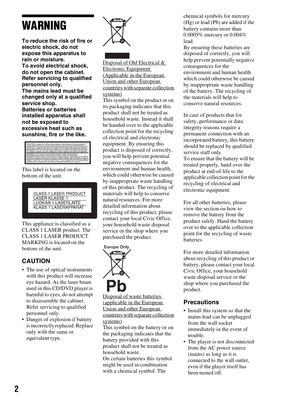 Warning | Sony DVP-FX950 User Manual | Page 2 / 36