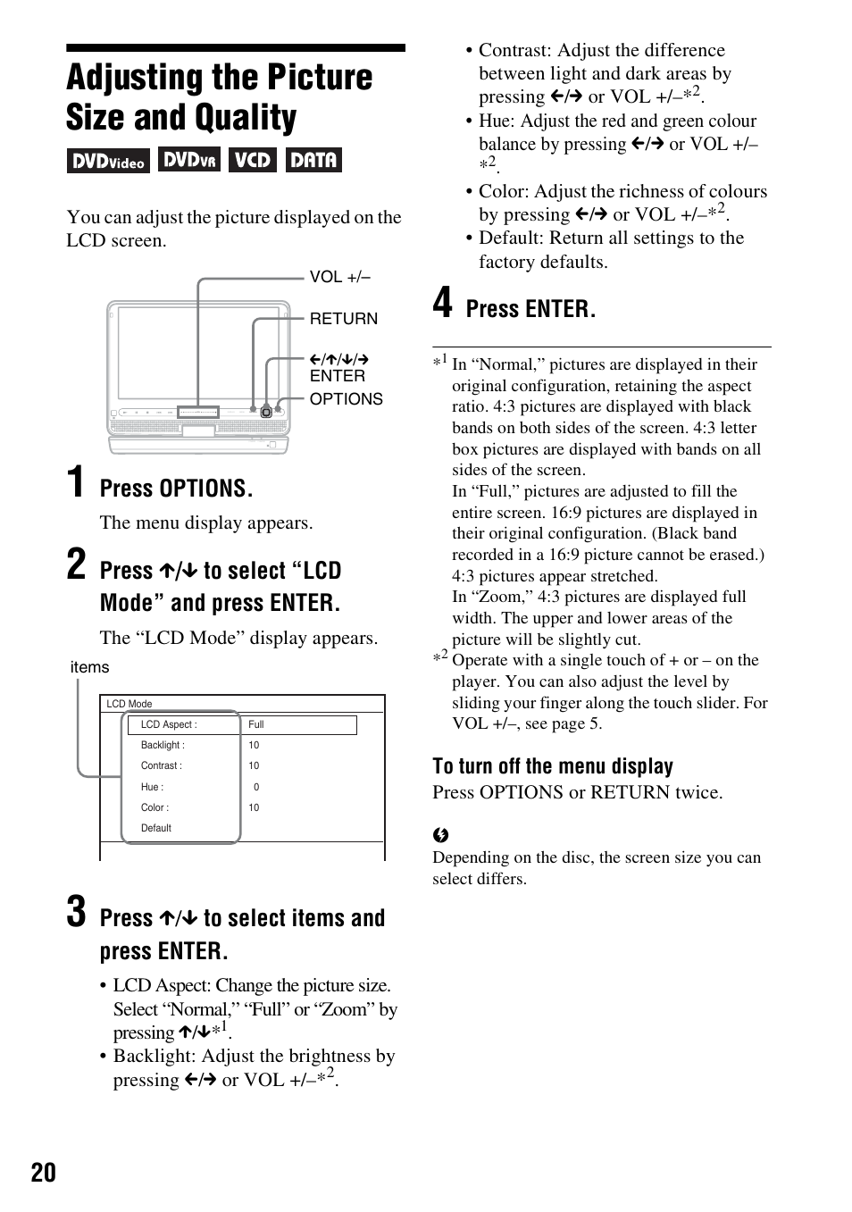 Adjusting the picture size and quality, Press options, Press x / x to select “lcd mode” and press enter | Press x/x to select items and press enter, Press enter | Sony DVP-FX950 User Manual | Page 20 / 36