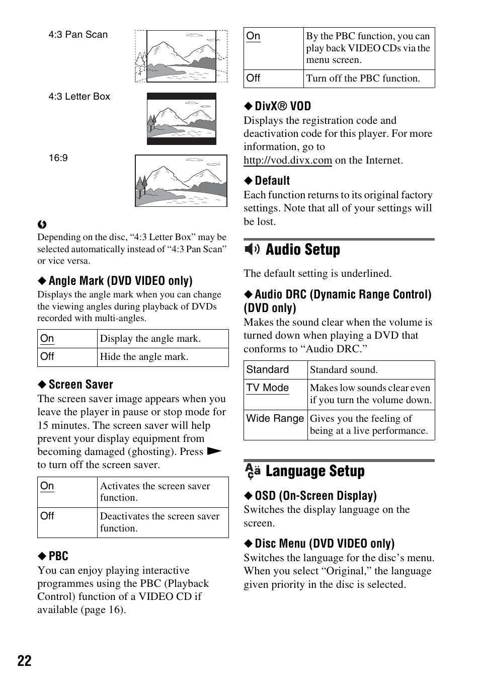 Audio setup, Language setup | Sony DVP-FX950 User Manual | Page 22 / 36