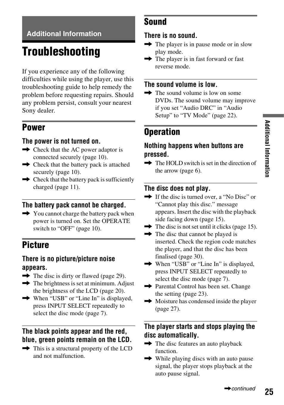 Additional information, Troubleshooting, Power | Picture, Sound, Operation | Sony DVP-FX950 User Manual | Page 25 / 36