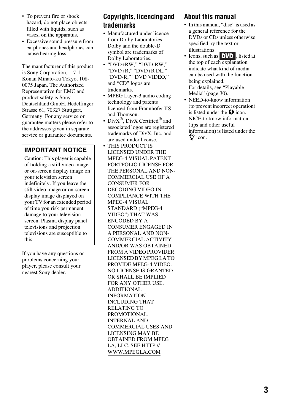 Copyrights, licencing and trademarks, About this manual | Sony DVP-FX950 User Manual | Page 3 / 36
