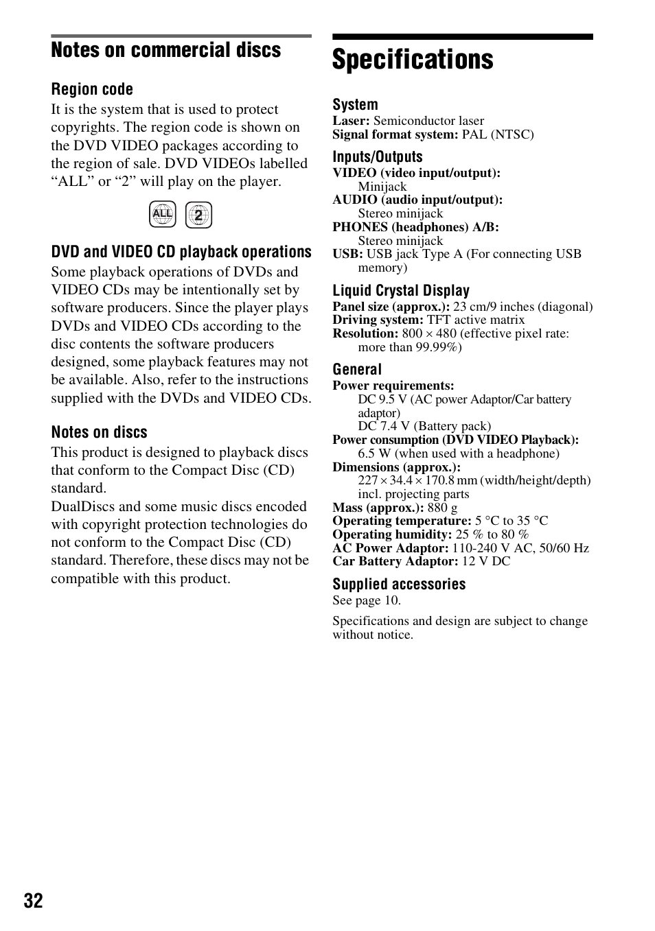 Specifications | Sony DVP-FX950 User Manual | Page 32 / 36