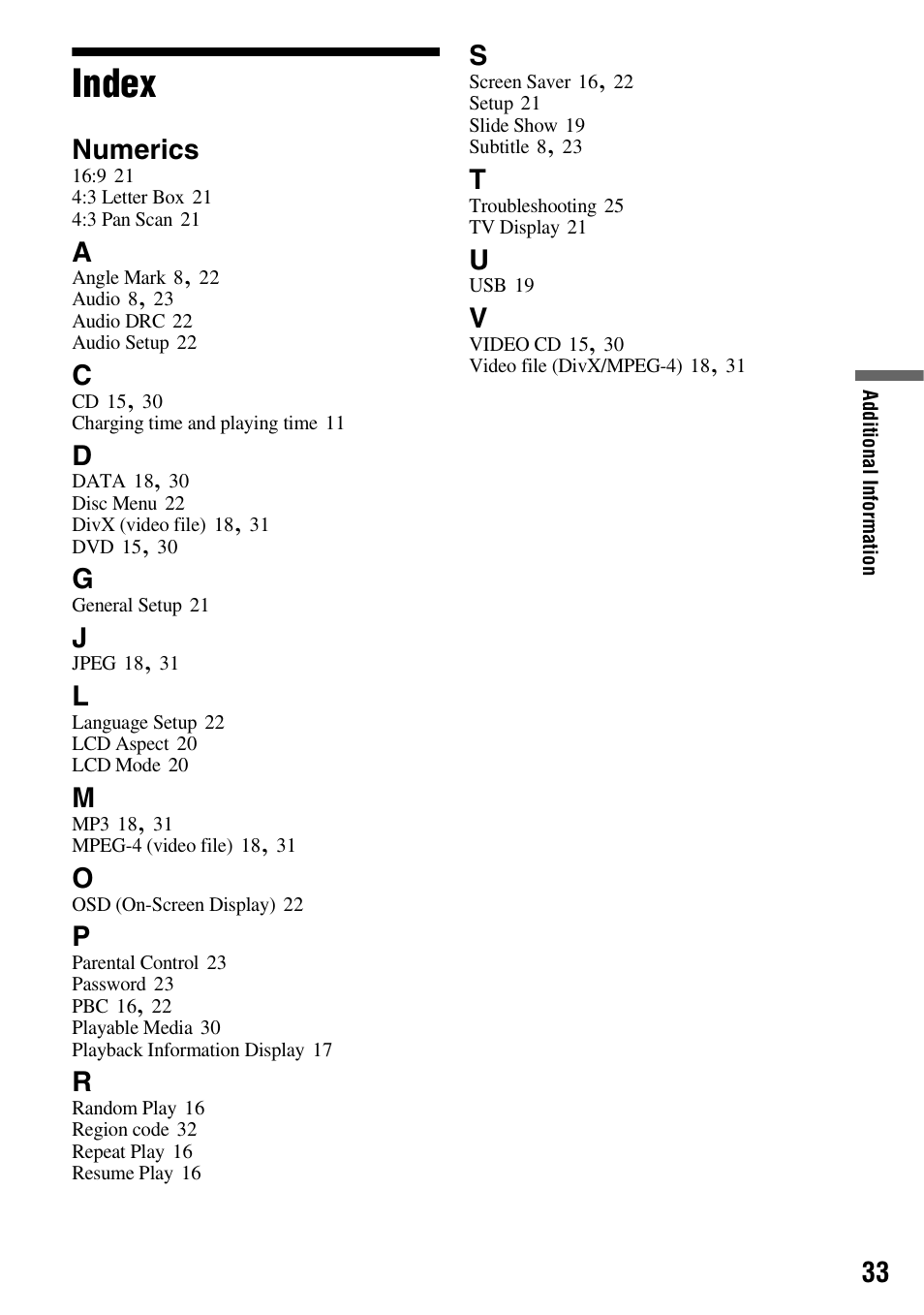 Index, Numerics | Sony DVP-FX950 User Manual | Page 33 / 36