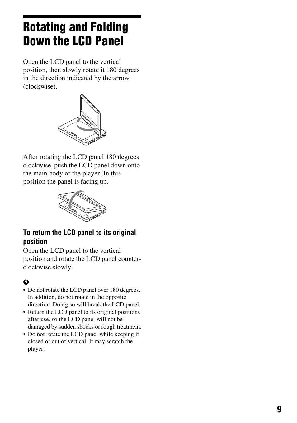 Rotating and folding down the lcd panel | Sony DVP-FX950 User Manual | Page 9 / 36