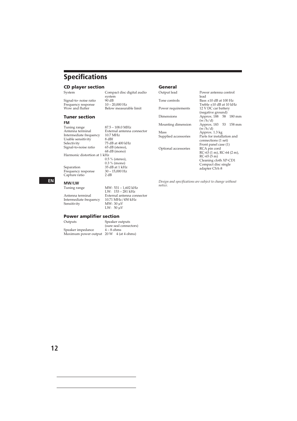 Specifications | Sony CDX-3000 User Manual | Page 12 / 80