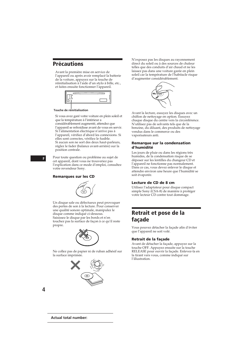 Retrait et pose de la façade, Précautions | Sony CDX-3000 User Manual | Page 17 / 80