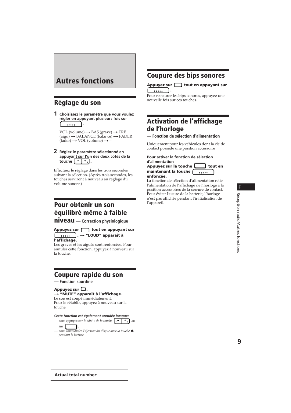 Autres fonctions, Réglage du son, Pour obtenir un son équilibré même à faible niveau | Coupure rapide du son, Coupure des bips sonores, Activation de l’affichage de l’horloge | Sony CDX-3000 User Manual | Page 22 / 80