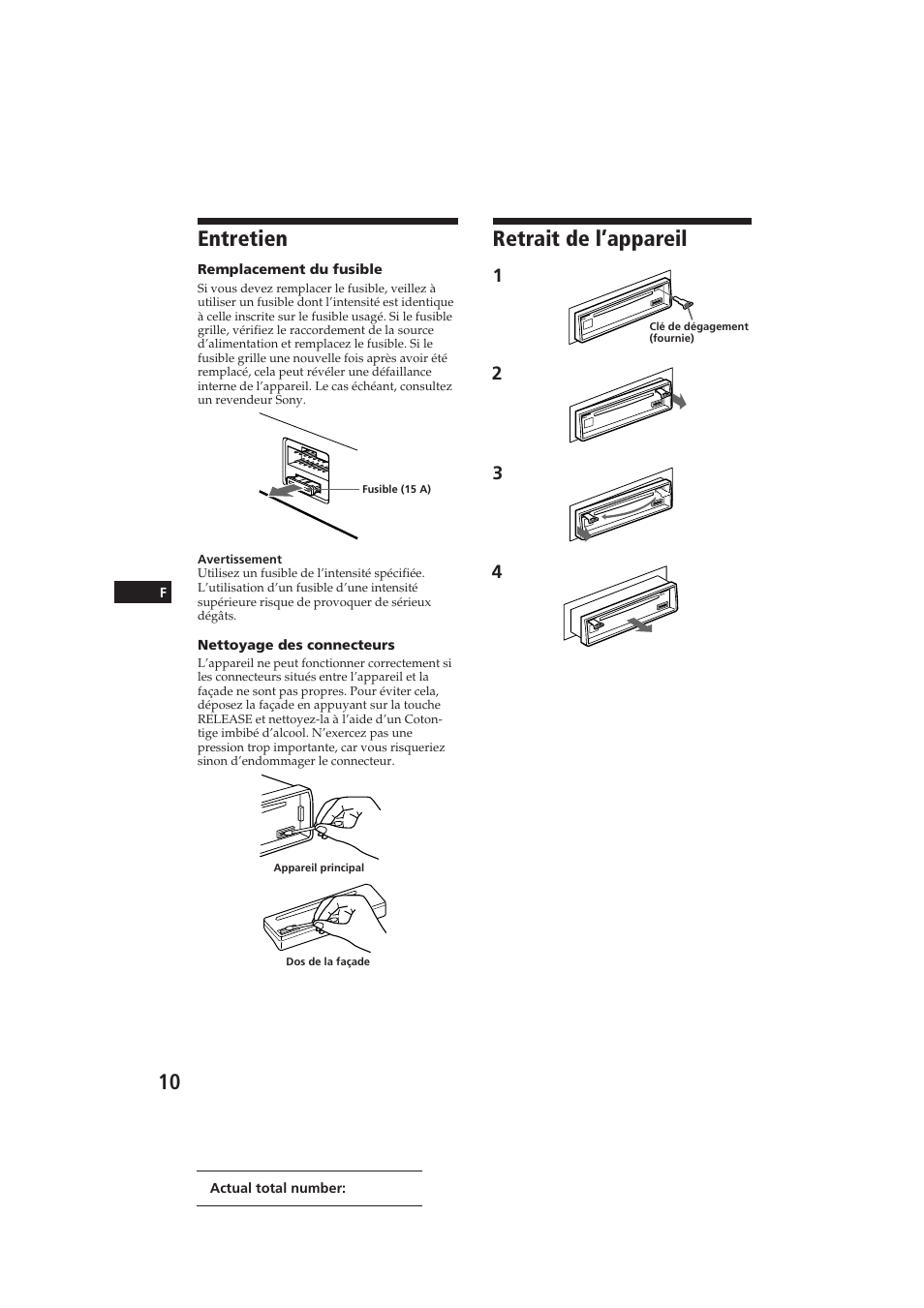 Entretien, Retrait de l’appareil | Sony CDX-3000 User Manual | Page 23 / 80