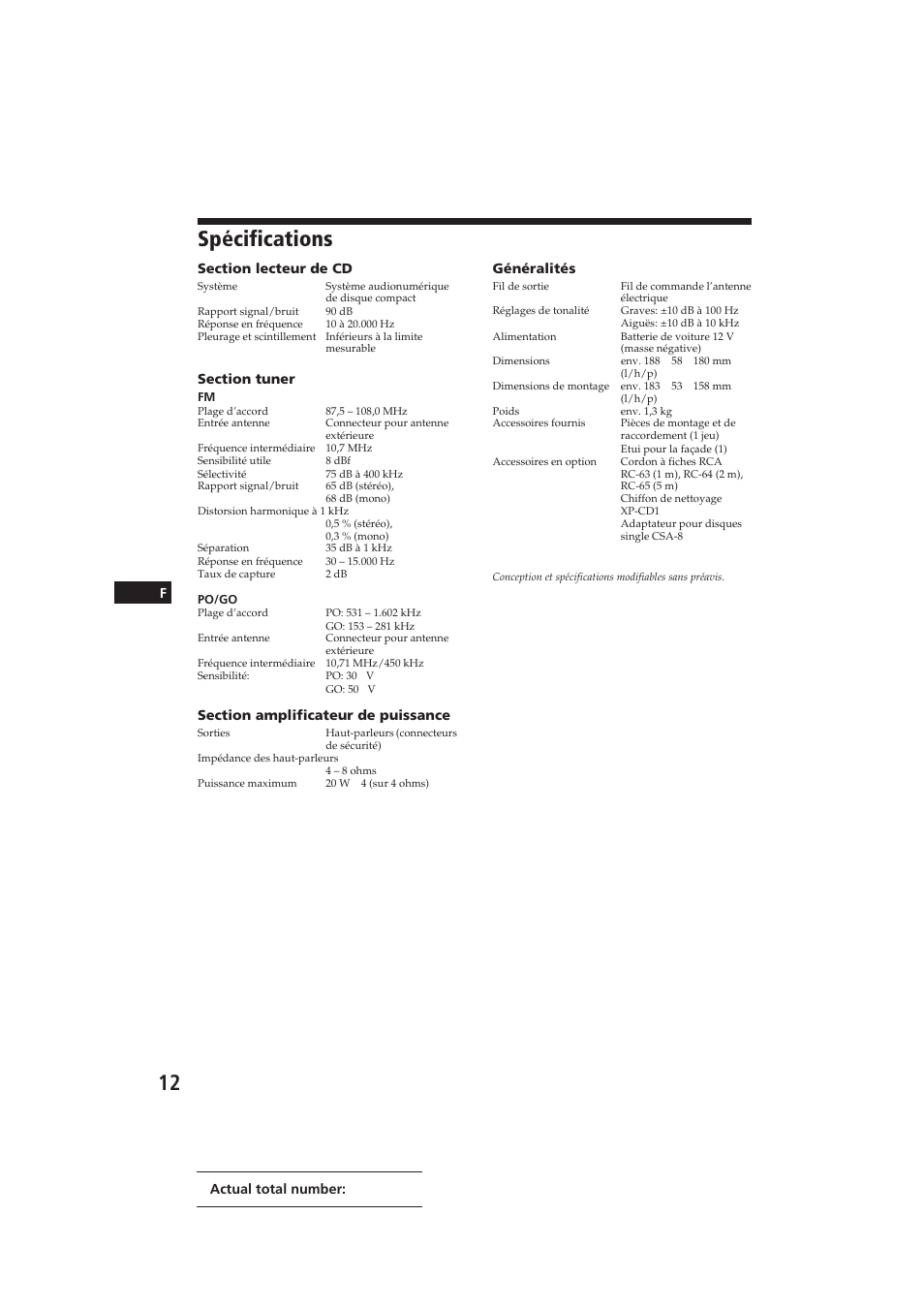 Spécifications | Sony CDX-3000 User Manual | Page 25 / 80