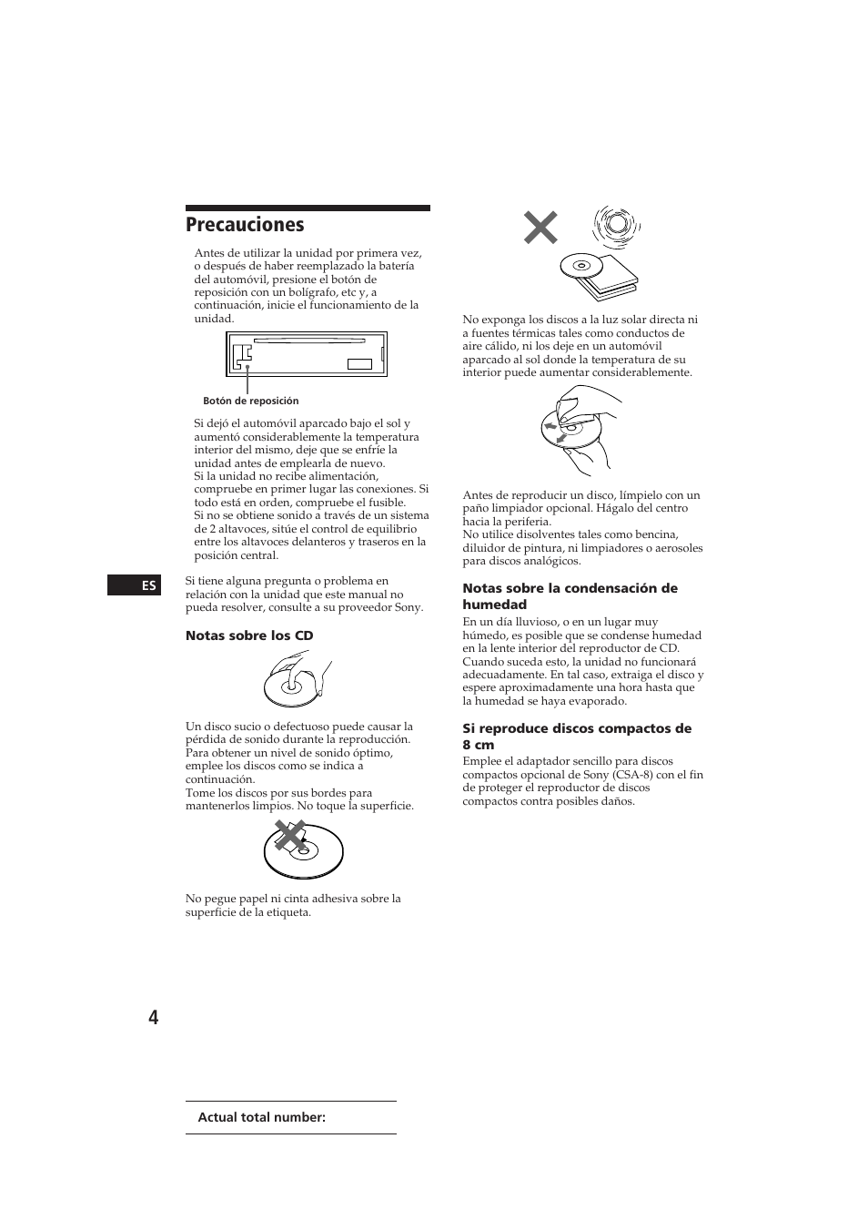 Precauciones | Sony CDX-3000 User Manual | Page 30 / 80