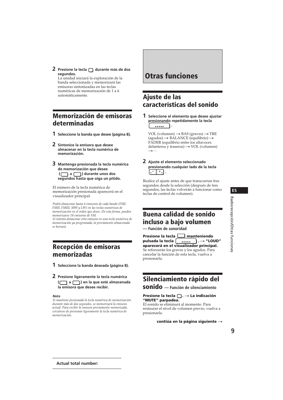 Otras funciones, Ajuste de las características del sonido, Buena calidad de sonido incluso a bajo volumen | Silenciamiento rápido del sonido | Sony CDX-3000 User Manual | Page 35 / 80