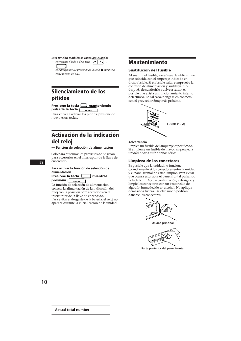 Silenciamiento de los pitidos, Activación de la indicación del reloj, Mantenimiento | Sony CDX-3000 User Manual | Page 36 / 80