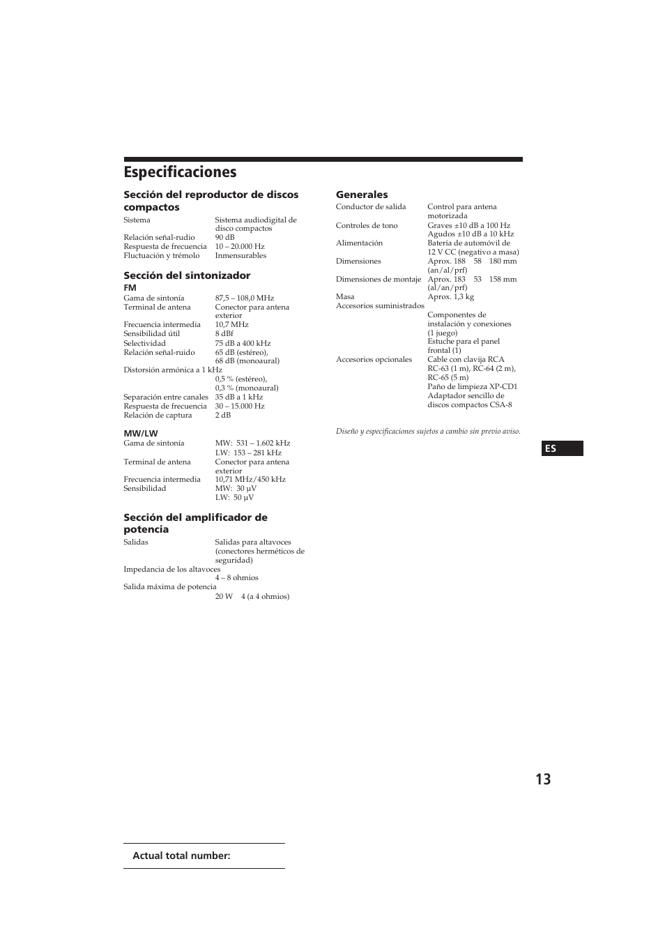 Especificaciones | Sony CDX-3000 User Manual | Page 39 / 80